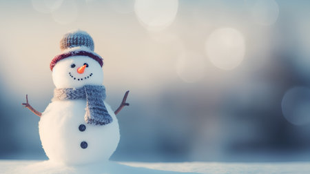 Snowman in a hat and scarf on the snow with bokeh backgroundの素材