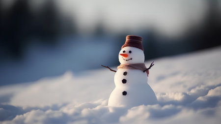 Snowman with hat and scarf on the background of winter landscape.の素材