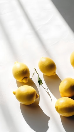 Lemons on a white background with shadows from the window.の素材