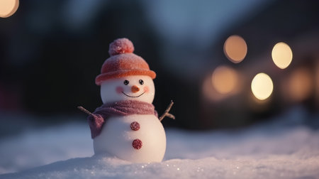 Snowman in the snow with bokeh lights in the backgroundの素材