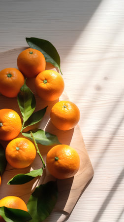 Fresh tangerines with leaves on a wooden table. Copy space.の素材