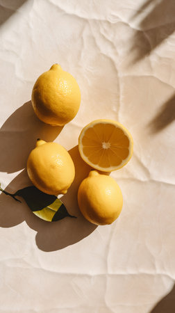 Lemons and lemons on a light background, top viewの素材