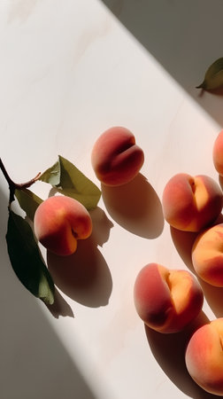Peaches on a white background with a shadow from the sun.の素材