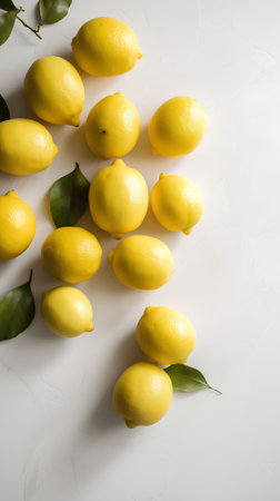 Fresh lemons on white background. Flat lay, top view.の素材