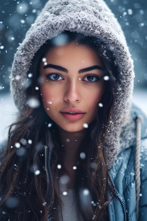 Portrait of a beautiful young woman in winter clothing. Snowfall.の素材