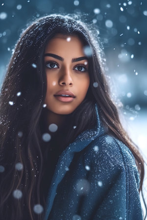 Winter portrait of beautiful young woman with snowflakes in her hairの素材