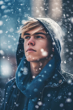 Portrait of handsome young man in winter coat and scarf on the street.の素材