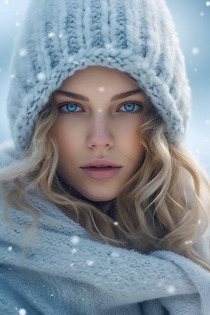 Winter portrait of a beautiful young woman in a knitted hat and scarfの素材