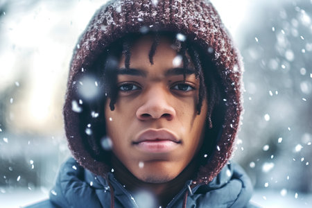 Portrait of a young african american man covered with snow.の素材