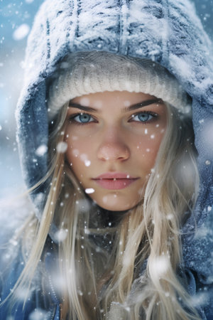 Portrait of a beautiful young woman in winter clothes on a background of snowの素材