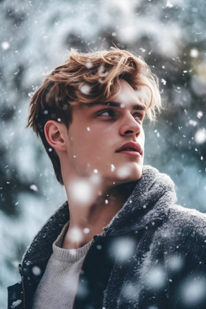 Outdoor portrait of handsome young man in winter park with snowfall.の素材