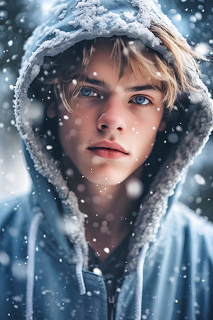 Portrait of a handsome young man in winter clothes on a background of snowの素材