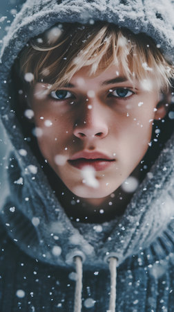 Portrait of a beautiful young woman in winter clothes. Snowfall.の素材
