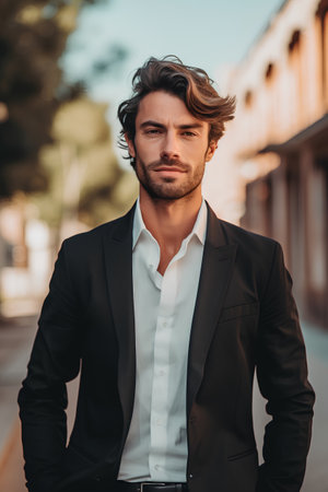 Handsome young man in formalwear looking at camera while standing outdoorsの素材
