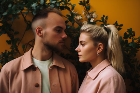 Portrait of a young couple in love on a yellow background.の素材