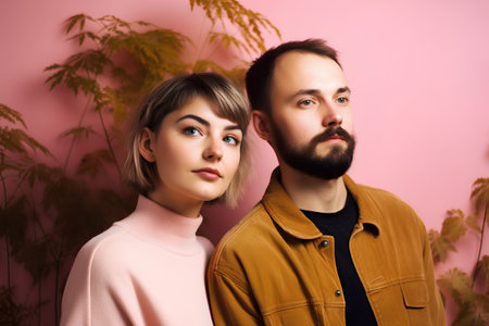 Portrait of a young couple in love on a pink background.の素材