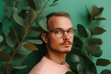 Portrait of a handsome young man in glasses on a green backgroundの素材