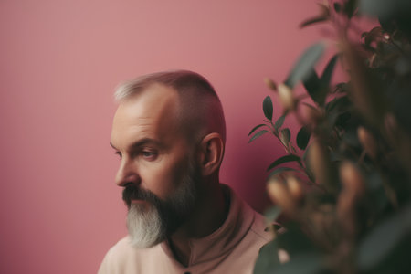 Elderly man with long gray beard looking away while standing against pink backgroundの素材