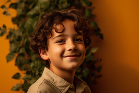 Portrait of a cute little boy with curly hair against orange backgroundの素材