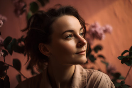 Portrait of a beautiful young woman with flowers in the studio.の素材
