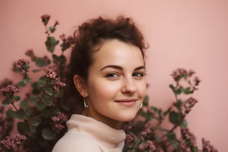 Portrait of a beautiful girl with flowers on a pink background.の素材