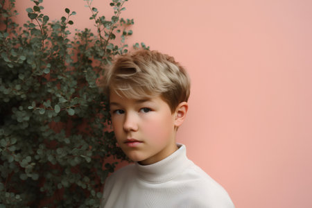 Portrait of a little boy in a white sweater on a pink backgroundの素材