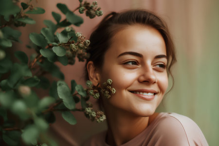 Portrait of a beautiful young woman with green flowers in her hairの素材