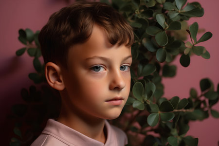 Portrait of a boy with green leaves on a pink background.の素材