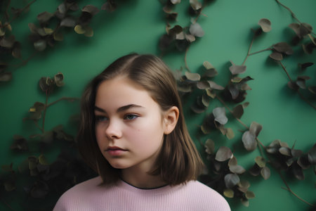 portrait of a teenage girl on a green background with eucalyptusの素材