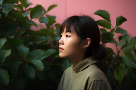 Portrait of a beautiful young asian woman with green leaves backgroundの素材