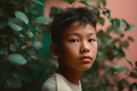 Portrait of asian boy with green leaves in the background.の素材