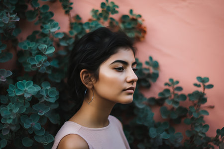 Portrait of a young beautiful woman on the background of green plants.の素材