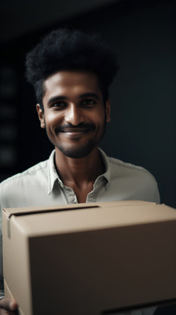 smiling african american man holding box and looking at cameraの素材