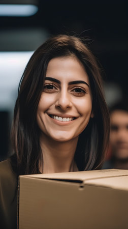 smiling young businesswoman holding cardboard box and looking at camera in officeの素材