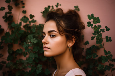 Portrait of a beautiful young woman with green leaves in her hairの素材