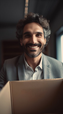 Portrait of smiling businessman holding box and looking at camera in officeの素材