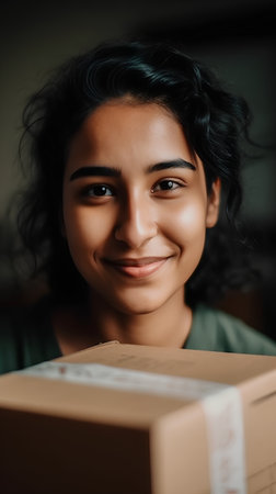 Smiling young woman holding a cardboard box and looking at the cameraの素材