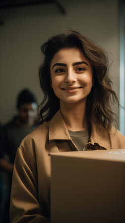 portrait of smiling young woman in trench coat with parcel box in officeの素材