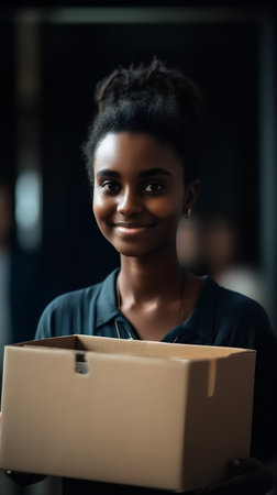 Portrait of smiling african american businesswoman holding cardboard boxの素材