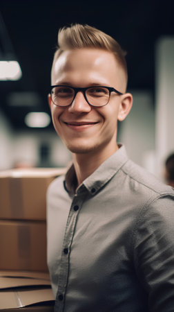 portrait of smiling young man in eyeglasses with cardboard boxes in officeの素材