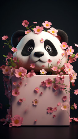 3D illustration of a cute panda in a box with flowersの素材