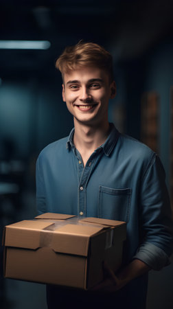 Smiling young man holding cardboard boxes in his hands. Delivery concept.の素材
