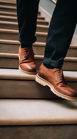 Low section of man standing on stairs and using leather shoes in officeの素材