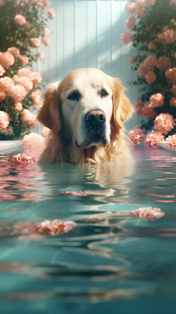 Golden Retriever in a swimming pool with flowers. Toned.の素材