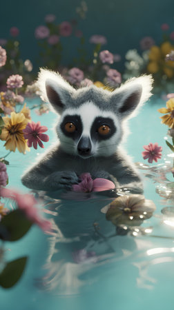 Cute lemur with flowers in water, 3d illustration.の素材