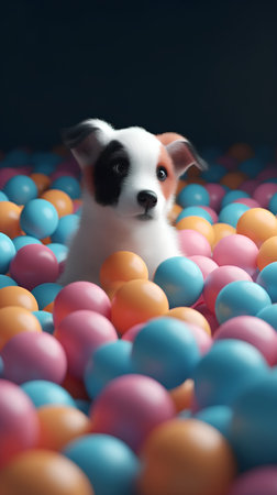 Cute puppy playing with colorful balls on dark background, closeupの素材