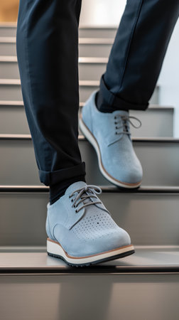 Close-up of man's legs in blue sneakers walking up the stairsの素材