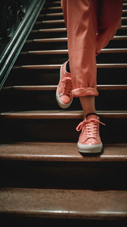 Cropped image of woman in red pants and sneakers standing on stairsの素材