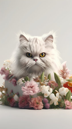 Persian cat with flowers on a white background. 3d renderingの素材