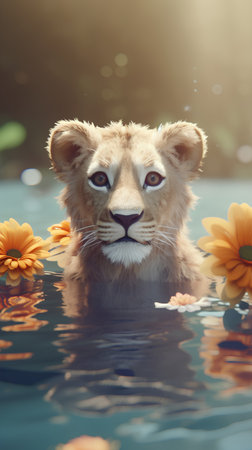 Lioness in the pool with flowers. Portrait of a lioness.の素材